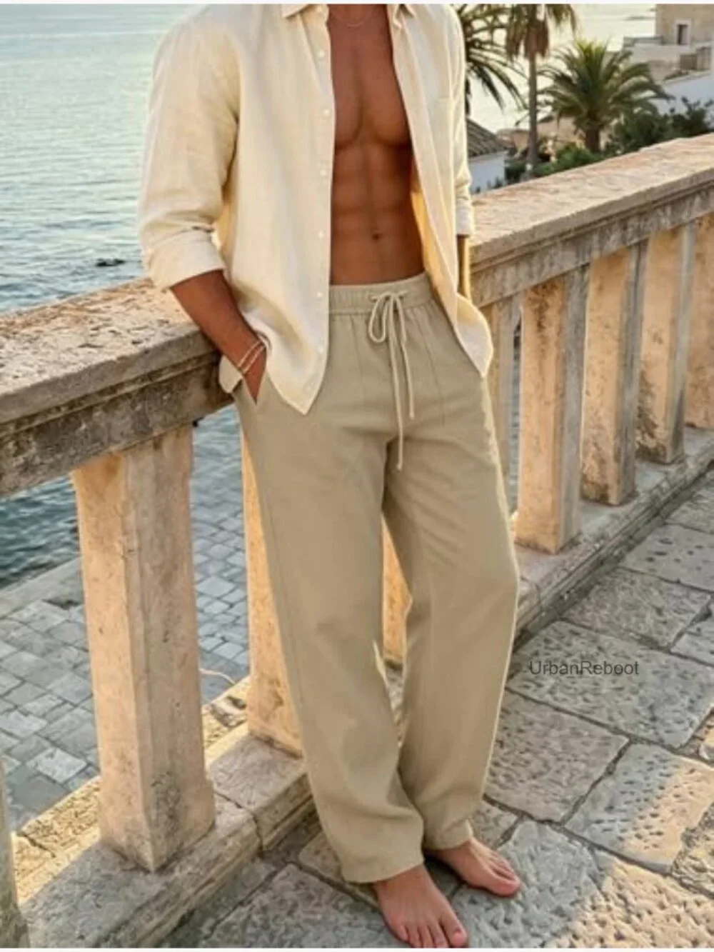 Men's Cotton Linen Casual Loose Fit Drawstring Waist Pants Summer Beach